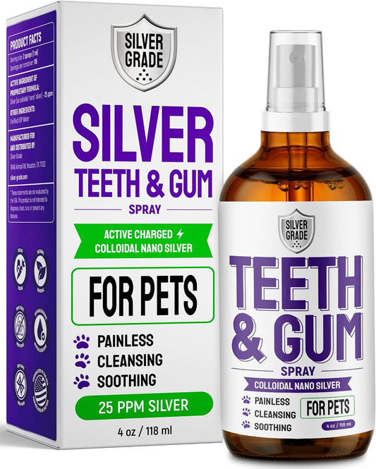 SILVER GRADE Teeth & Gum Dog Breath Spray for Pets Mouth – Cat Dental Care with Silver – Dog Breath Freshener Helps with Tartar & Caries – Plaque Remover for Daily Use – 4 Oz