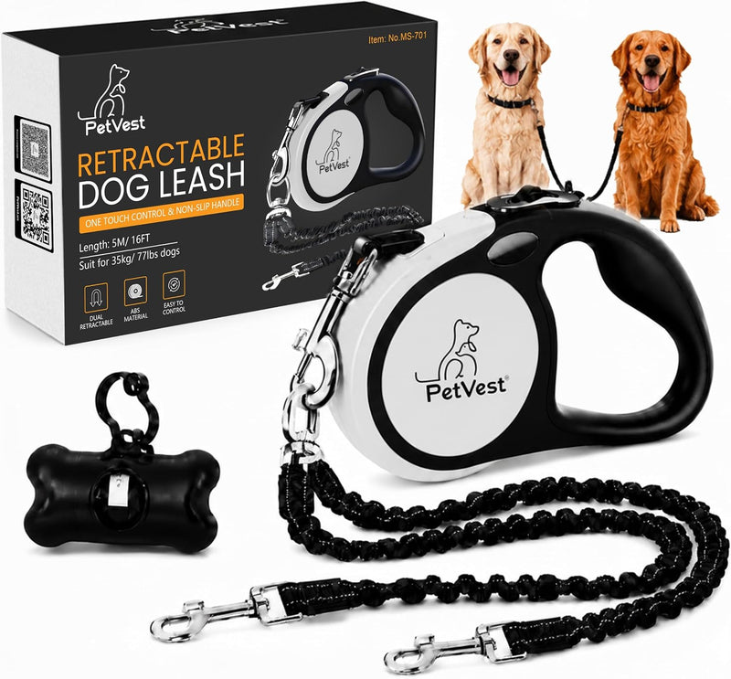 Dual Retractable Dog Leash – 16 FT Tangle-Free Leash for 2 Dogs, Detachable for Single Use, One-Button Brake & Lock, Up 