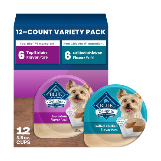 Blue Buffalo Delights Variety Pack Natural Grain Free Wet Dog Food for Small Breed Dogs (Top Sirloin Flavor Paté and Grilled Chicken Flavor Paté) with Natural Ingredients, 3.5-oz. Each (12 Cups)