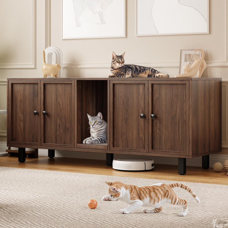 59 Inches Cat Litter Box Enclosure for 2 Cats, Hidden Litter Boxes Furniture with Cat Scratch Pad, Large Indoor Pet House with Double Room, Wooden TV Stand Side Table, Walnut