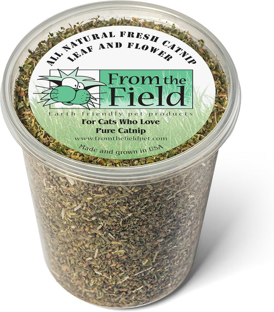 from The Field | Organic Catnip Leaf & Flower Blend for Cats & Kittens | Fresh USA-Grown, Highly Aromatic, Non-Toxic, Eco-Friendly | 3.5 oz Resealable Tub for Long-Lasting Potency & Active Playtime