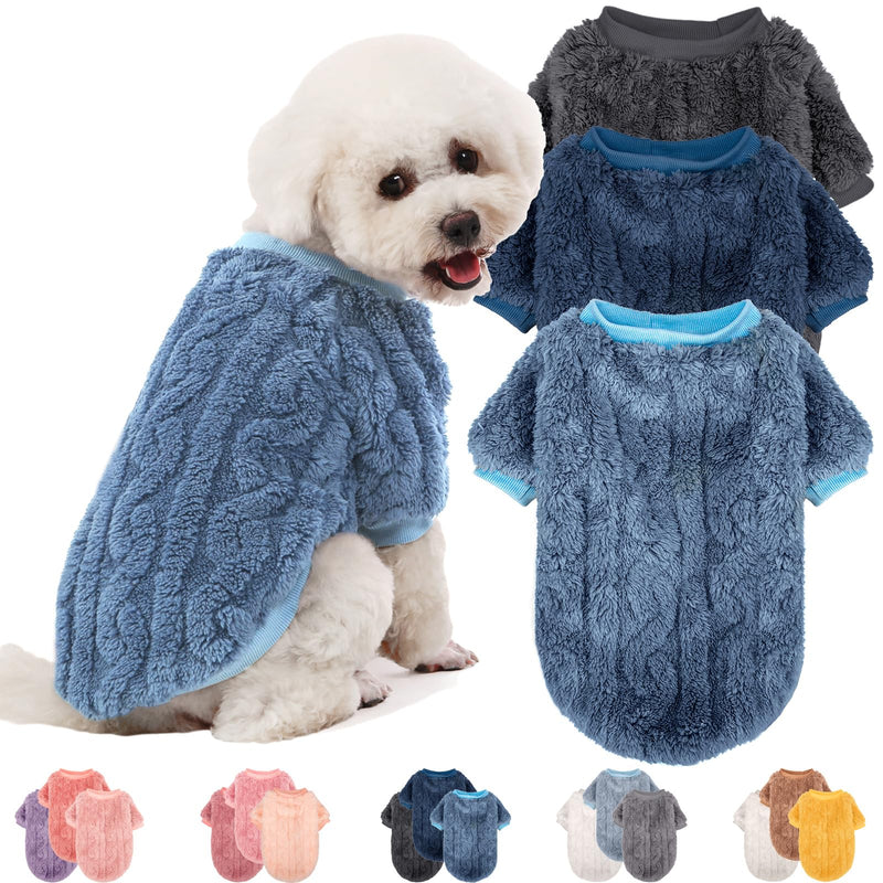 JAMPAYANG Dog Sweater, 3 Pack Dog Sweaters for Small Dogs or Cats, Girl or Boy, Warm Dog Clothes Shirt Coat for Winter Christmas (Blue, Dark Blue, Grey, Small)