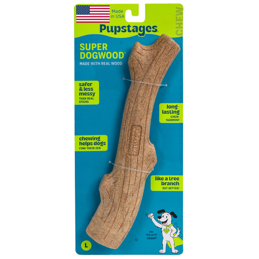 Pupstages Super Dogwood Dog Chew Toy, Made in the USA – Real-Wood Blend, Natural Wood Flavor & Texture, Moderate Chewers, Large, 11"