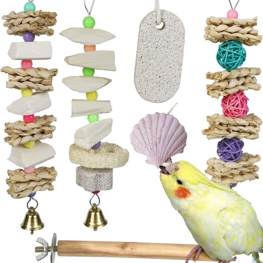 Parrot Chewing Toys (6 pcs) Natural Cuttlebone Bird Beak Trimmer Grinding Stone Lava Block Calcium Stone Bird Perch Cage Toys for Small and Medium Parakeets, Cockatiels, Conures, Budgies, Lovebirds