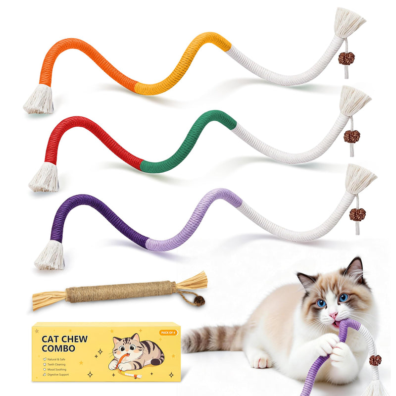 MAXTOOA Cat Toys for Indoor Cats, Chew Ropes 3Pcs & Silvervine Stick 1Pcs with Gall Fruit, Refillable Catnip, Interactive Kitten Toys & Teething Toys, Safe Teeth Cleaning for All Breeds (19.5 Inches)