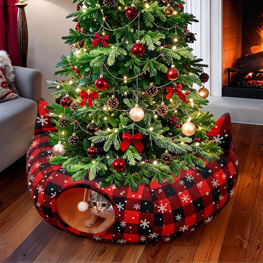 OurWarm Cat Tunnel Christmas Tree Skirt, Cat Bed for Indoor Cats with Hanging Ball, Buffalo Plaid Tree Collar Cats Cave 