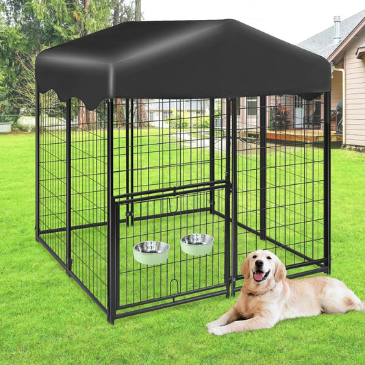 Dog Kennel Outdoor 4x4.2x4.5ft, Outside Dog Kennel with Roof, Large Dog Kennels with Rotating Door & 2 Adjustable Bowls,