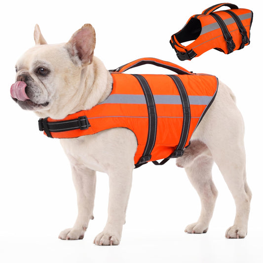 FUAMEY Small Dog Life Jacket with Lift Handle, Lightweight & Buoyancy for Puppy Doggy, Adjustable Dog Swim Vest with Reflective Strips, Orange, XS