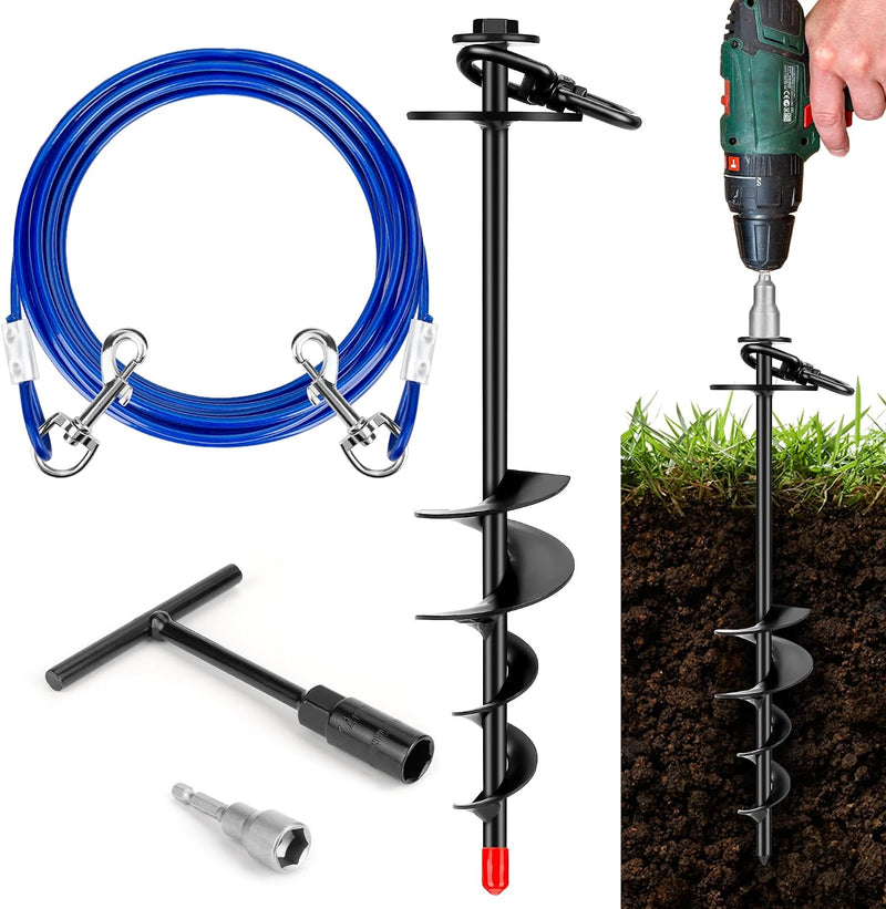 Dog Tie Out Stake, Heavy Duty 360°Swivel Dog Outside Lead Cable, Screw in Spike Auger Ground Stake Anchors with Power Nu