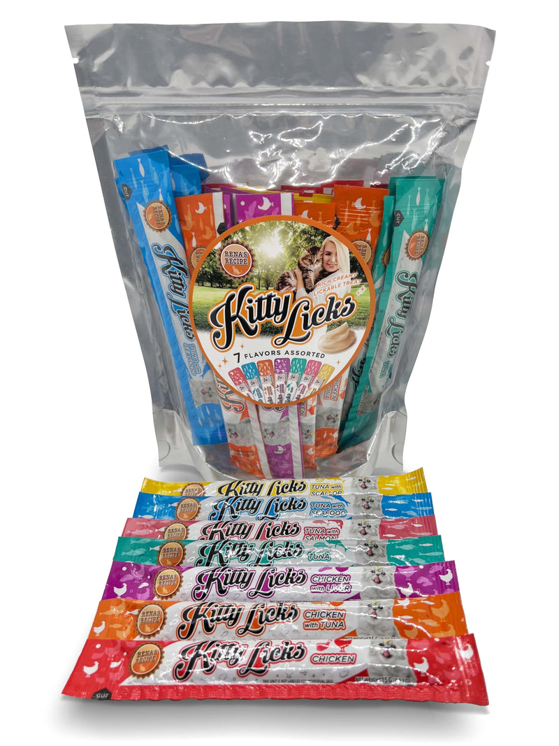 Rena's Recipe Kitty Licks Lickable Cat Treats Variety Pack 28 Tubes Creamy Cat Treat Purée 7 Flavors Tuna Chicken Grain Free Cat Squeeze Treats