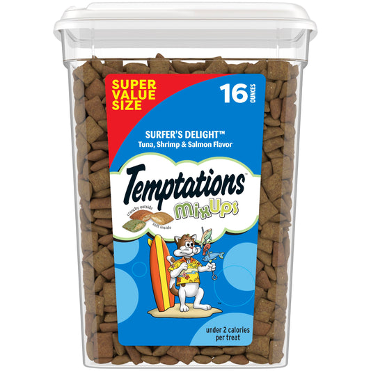 Temptations Cat Treats MixUps Surfer's Delight, Tuna, Shrimp, Salmon Flavor, Crunchy and Soft Cat Treats, 16 oz. Tub