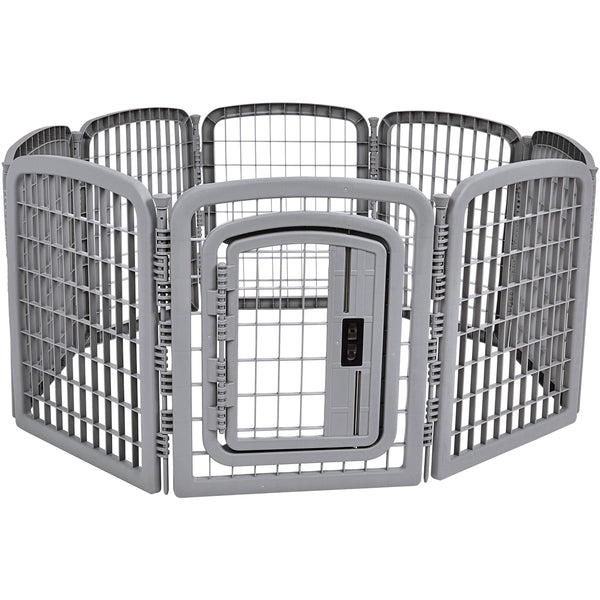 Amazon Basics 8-Panel Octagonal Plastic Dog Playpen, Indoor/Outdoor Pet Fence with Gate, Exercise Pen for Puppies and Small Animals, 28 inches, Grey