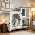 GUTINNEEN Wooden Duplex Rabbit Cage on Wheels with Chew-Proof Ramp, Grey