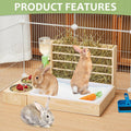 4 in 1 Rabbit Hay Feeder with Litter Box, Small Animals Hay Rack with Water Bottle, and 2 Bowls, Wooden Bunny Hay Holder