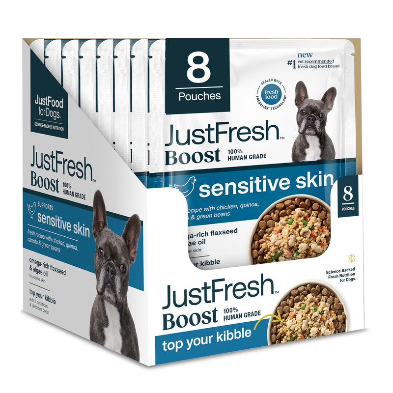 JustFoodForDogs JustFresh Boost Sensitive Skin Dog Food Toppers for Immune Support and Healthy Coat, Human-Grade Fresh Pet Meal Booster, 8 oz Pouches - 8 Pack