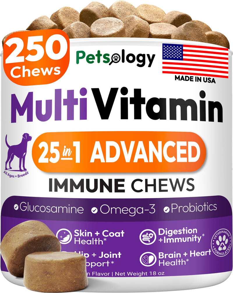 25-in-1 Dog Vitamins and Supplements - 250 Chews Dog Multivitamin Chewable with Glucosamine, Probiotics Omega 3 for Dogs Skin & Coat Hip & Joint Gut Brain Immune Support - Senior & Puppy Multivitamin