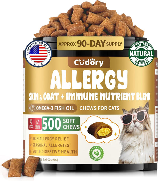 Cat Allergy Relief for Cats Treats, 500 Crunchy Snacks for Immune & Skin Coat Support – Seasonal Allergies, Itching Relief, Omega 3 & Probiotic Natural Supplement for Cat, Chicken (90-Day Supply)