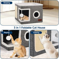 Shikha Cat Beds for Indoor Cats, Large Cat Cave with Cozy Condo, Fluffy Ball, Round Window, Foldable Indoor Cat House Hold Up to 30LBS, Cat Hideaway with Reversible Cushions for All Seasons, Grey