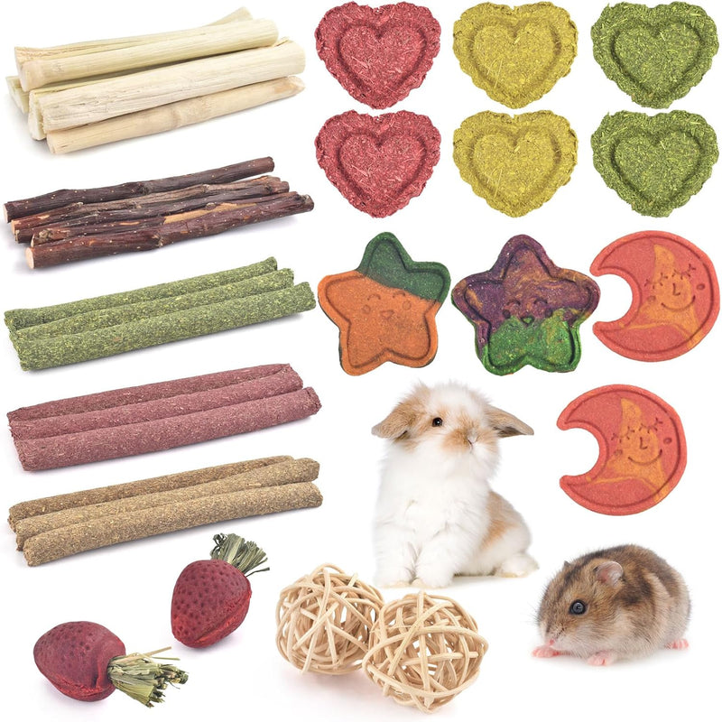 ERKOON 33PCS Bunny Chew Toys for Rabbits Teeth, Natural Rabbit Toys Apple Wood Sticks, Carrot, Timothy Grass Treats for 