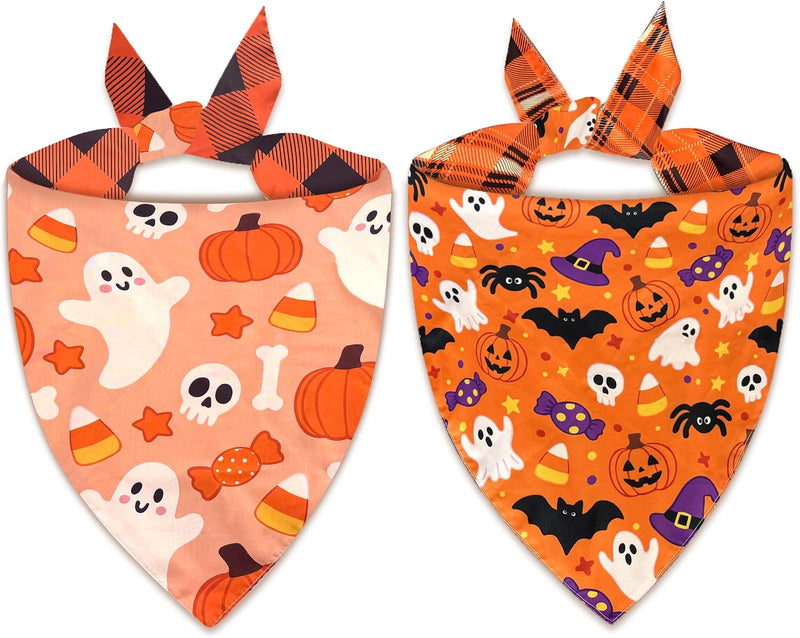 2 Pack Halloween Dog Bandanas, Reversible Triangle Scarves for Dogs
