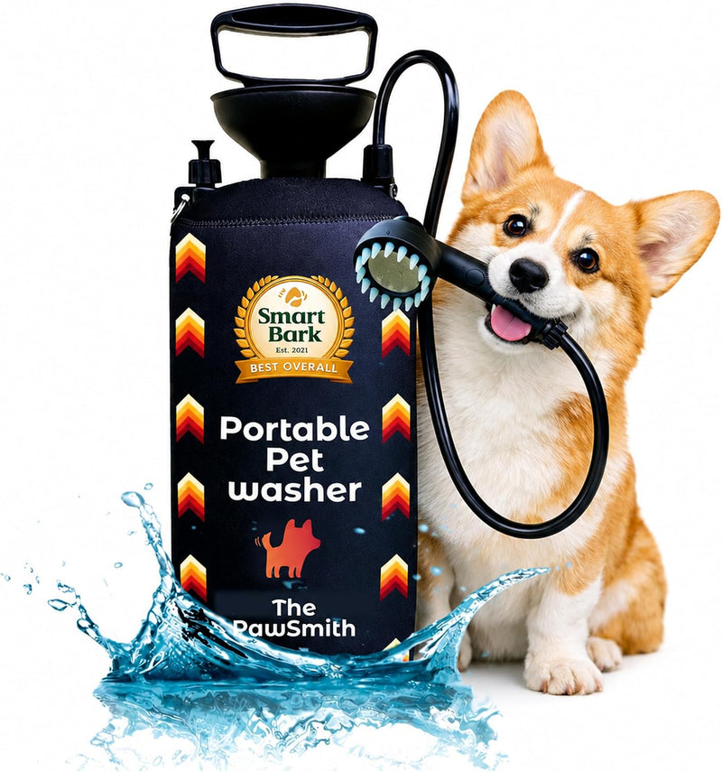 Portable Dog Washer 2.1 Gallon, Manual Shower Kit with Brush Head & Neoprene Jacket, for Home, Travel, or Outdoor Use