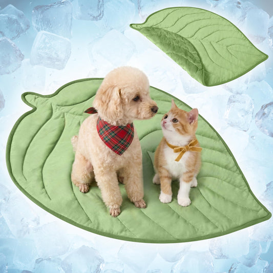 PetAmi Dog Cooling Mat, Leaf Shape, Pet Pad with Cooling Nylon & Soft Fleece, Q-Max > 0.4 Reversible All Season Blanket for Dogs & Cats, Small 32x39 in, Sage Green