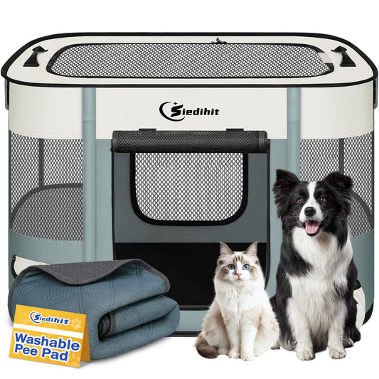Dog Playpen,Cat Pet Puppy Pen,Portable Playpens for Dogs Indoor Outdoor Travel Camping Use,Foldable Dog Kennel Tent Crate for Rabbit Small Animals with Carrying Case (Grey with Pad, Medium)