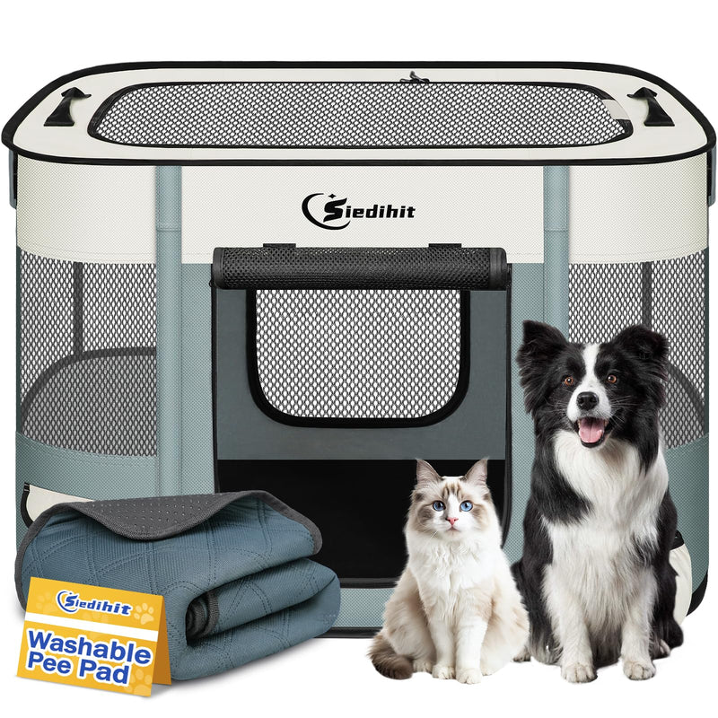 Dog Playpen,Cat Pet Puppy Pen,Portable Playpens for Dogs Indoor Outdoor Travel Camping Use,Foldable Dog Kennel Tent Crate for Rabbit Small Animals with Carrying Case (Grey with Pad, Medium)