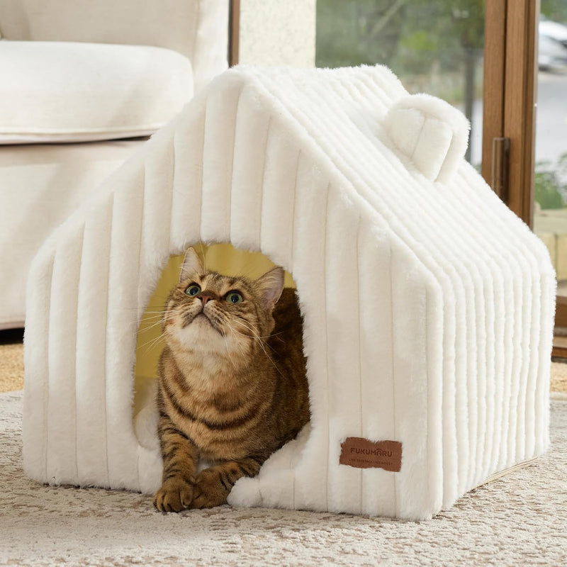 FUKUMARU Cat Bed Cave, Enclosed Washable Covered Dog Bed with Support Frame