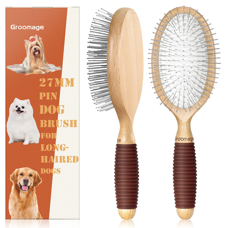GROOMAGE Dog Brush for Long Haired Dogs, 27mm Extra Long Pin Brush for Grooming, Shedding - Beech Wood Material, Non-Slip Rubber Handle, Round-Tipped Pins