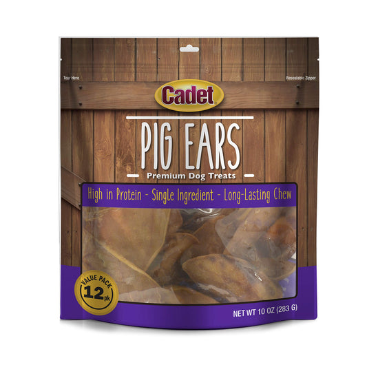 Cadet Natural Pig Ears for Dogs, Long Lasting & Natural Chew Treats for Dogs, 12 Count