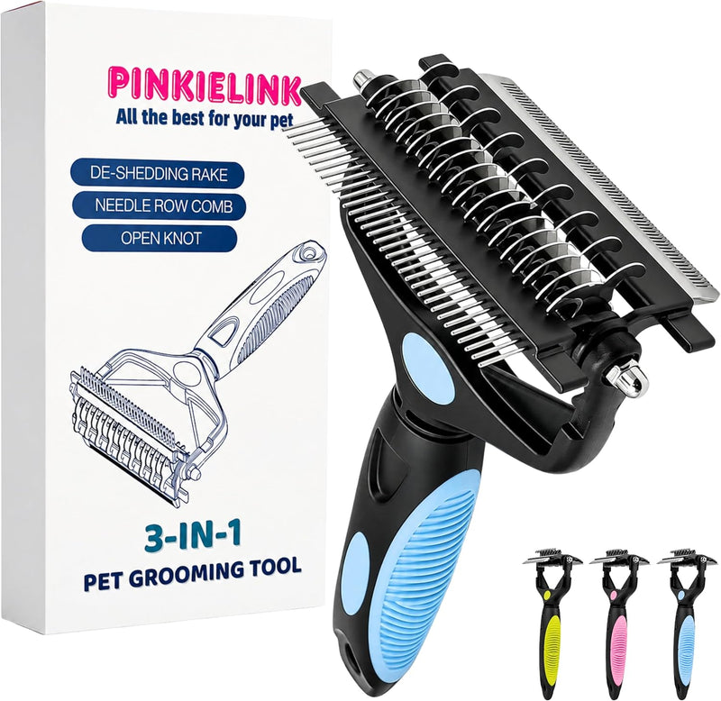 3-IN-1 Pet Grooming Tool - Undercoat Rake, Dematting Comb & Deshedding Brush for Cats, Dogs, Horses - Removes Mats, Tang