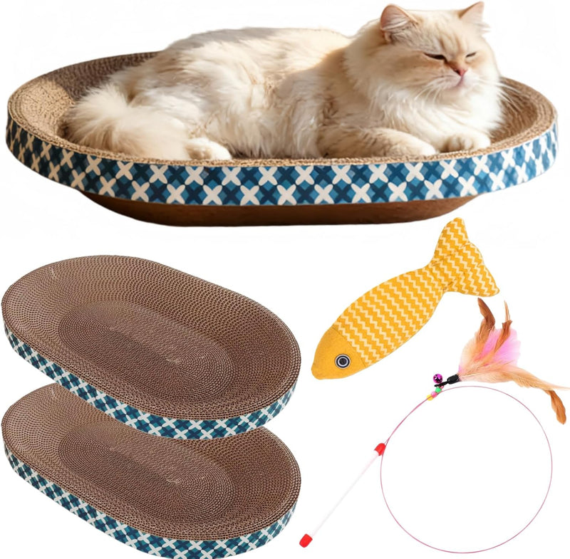 Cat Scratcher Bed with Toys, 2 Pack Oval Cat Scratcher Cardboard, Indoor Cat Scratch Bowl, Large Cat Scratching Board wi