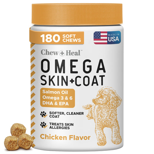 Omega 3 Fish Oil for Dogs - 180 Soft Chews - Itch Relief, Shedding & Hot Spots - Dog Allergy Relief - Salmon Oil Skin & Coat Supplement - EPA DHA - Chicken Flavor - Made in USA | Chew + Heal