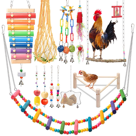 14PCS Chicken Toys for Coop Accessories - Longer Chain Chicken Swing, Chicken Toy for Hens in Coop, Chicken Perch Mirror Toy with Bells, Add Fun Toys for Chickens