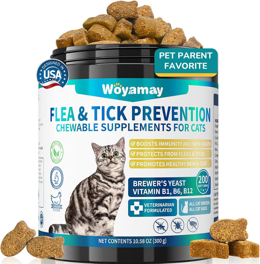 Woyamay Flea Treatment for Cats, 200 Treats Flea and Tick Prevention for Cats Chewables, Natural Cat Flea and Tick Treatment Chews Daily Oral Flea Supplement, Kitten Cat Flea Treatment, Chicken Flavor