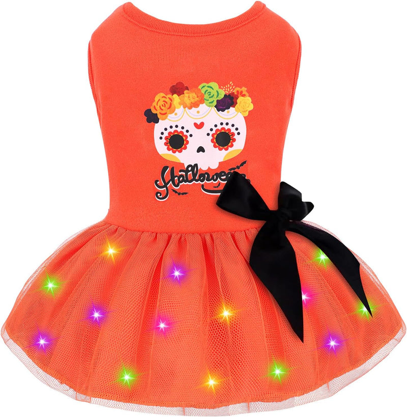 Dog Halloween Dress with Led Light Wreath Puppy Clothes Costumes Outfits for Small Dog Girl