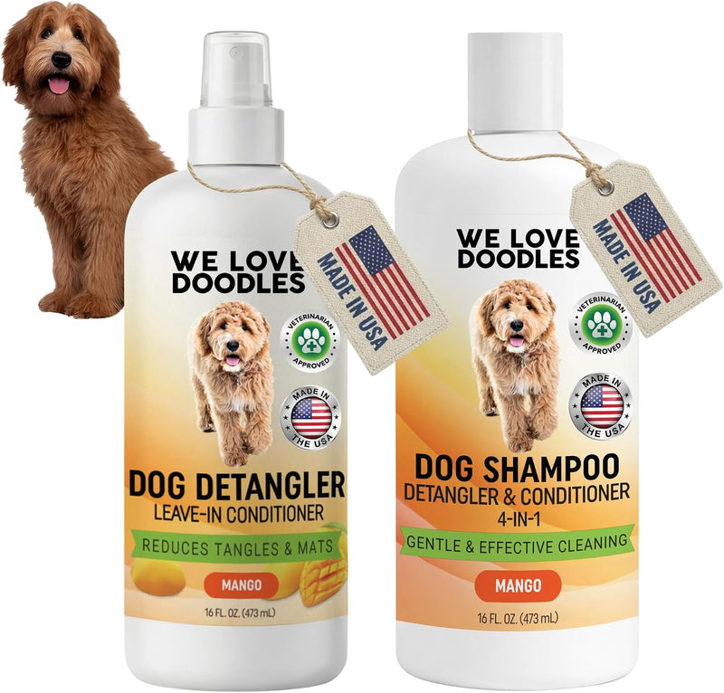 Dog Shampoo & Dog Detangler Spray, Tearless, Dog Bath Supplies, Mango 16 oz