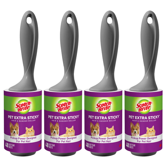 Scotch-Brite Pet Extra Sticky Lint Rollers 4 Rollers 48 Sheets Per Roller 192 Sheets Total