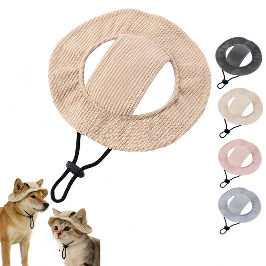 Corduroy Dog Sun Hat with Ear Holes, Adjustable Strap Pet Cap for Small Medium Dogs, Breathable UV Protection, Multiple (Khaki, S)