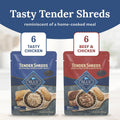 Blue Buffalo Tender Shreds Tasty Chicken Topper and Beef & Chicken Topper Natural Dog Food Complement, 2.5-oz. Pouch, 12-Count Variety Pack