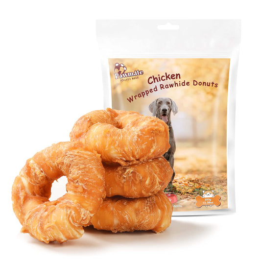 Pawmate Dog Treats Large Breed, Chicken Wrapped Rawhide Donut Rings, Rawhide Dog Chews Long Lasting, Grain Free Training Snacks with Taurine for Medium Large Dogs, 4 Counts
