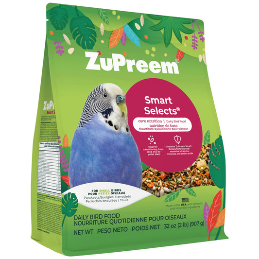ZuPreem Smart Selects Daily Bird Food for Parakeet, Budgie, Parrotlet, Dove, Bird Pellets and Seed Blend, Core Nutrition for Small Birds, Made in USA, Parakeet Food, Budgie Food (S, 2 lb)
