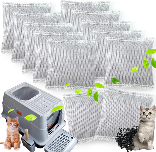 PurifyLogix 12 * 43g Larger Bag Activated Charcoal Odor Absorber Bags for Stainless Steel Litter Box with Lid, Natural Coconut shell Charcoal Bags, Absorb Odors/Control Damp from Pets/Keep Home Fresh
