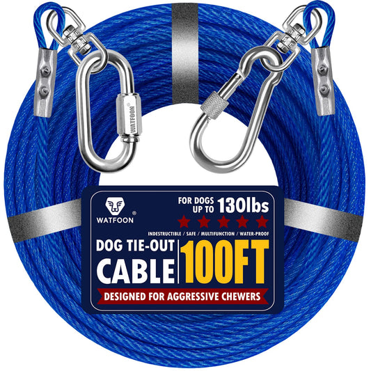 Dog Leads for Yard, 100ft Tie Out Runner Steel Wire Cable, Heavy Duty Pet Tether Chains for Dogs Up to 130 Lbs, Outside, Camping, Park (100ft-Blue)