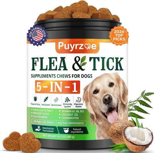 Puyrzoe 5-in-1 Dog Flea and Tick Treatment Chewable, Natural Flea and Tick Prevention for Dogs Chewable - Flea & Tick | Hip & Joint | Skin & Coat | Immunity Support | Digestive for All Breeds & Sizes