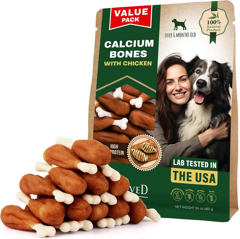 Dog Treats Bones Wrapped Chicken & Rawhide Free Chew - Pet Healthy Dried Snacks & Grain Free Meat - Bulk Best Chews for 