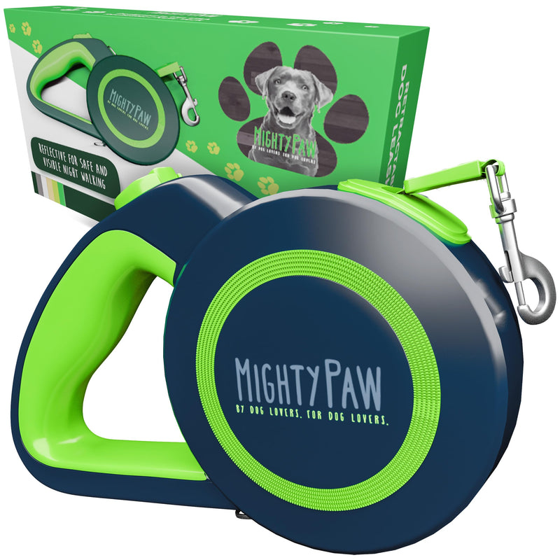 Mighty Paw Retractable Dog Leash 2.0 | 16' Heavy Duty Reflective Nylon Tape Lead for Pets up to 0-50 lbs. Tangle Free Design W/One Touch Quick-Lock Braking System & Anti-Slip Handle (Green/Lite)