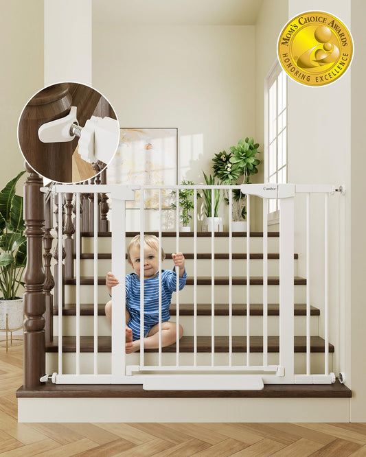 Cumbor 30-46" Baby Gate for Stairs, Toddler Safety Essentials for The House, Auto Close Dog Gate for Doorways, Mom's Choice Awards Winner-Easy Install Pressure Mounted Pet Gates for Dogs, White