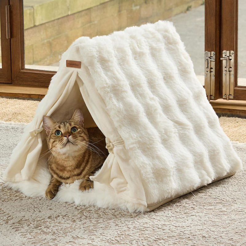 FUKUMARU Cat Cave Bed, Sturdy Frame Washable Cat Tent Bed with Curtain